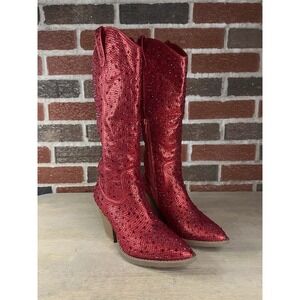 Forever Women 7 Cowboy Western Calf Boots Rhinestone Bling Sequins Red